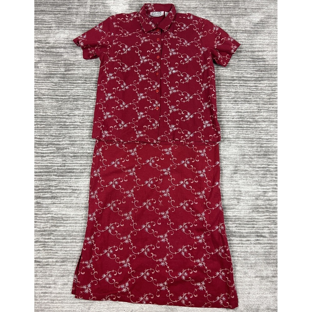 Jane Ashley Shirt Dress Set Womens L Red Linen Blend Embroidered 2pc Maxi Set